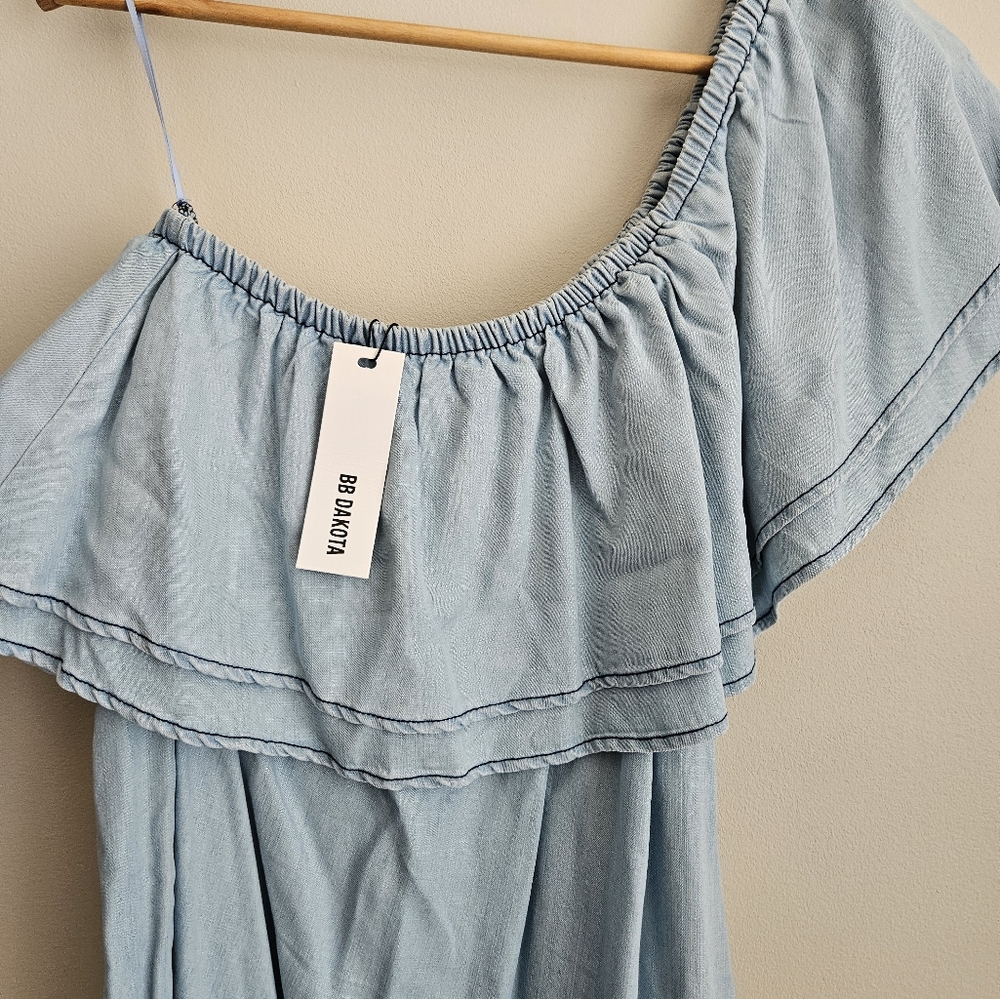 NWT BB Dakota Dress Isla One‎ Shoulder Denim Ruffle Elasticized Light Size Large - Picture 6 of 7